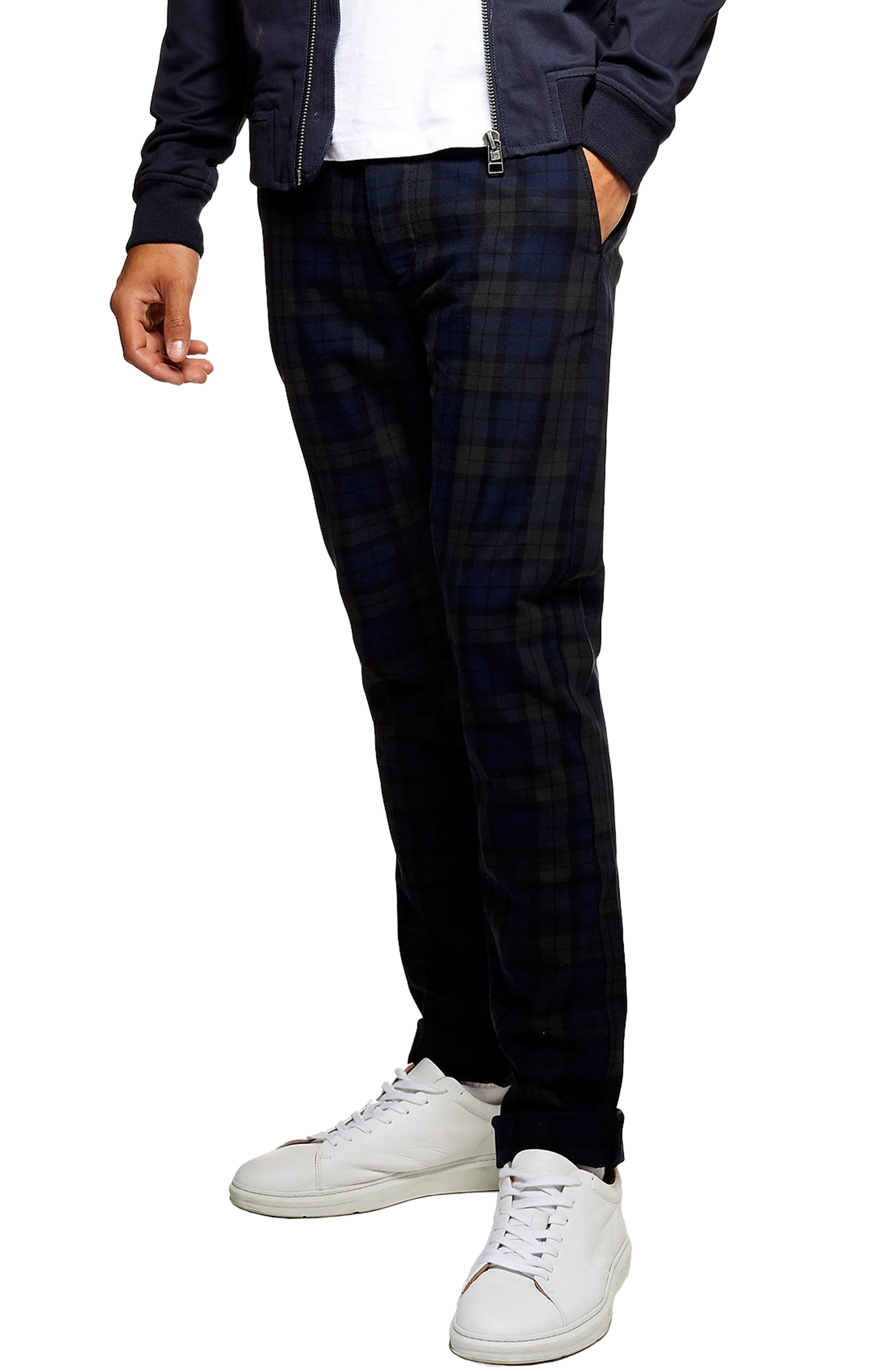 Men’s Topman Check Print Skinny Trousers, Size 30 x 32 – Blue | The ...