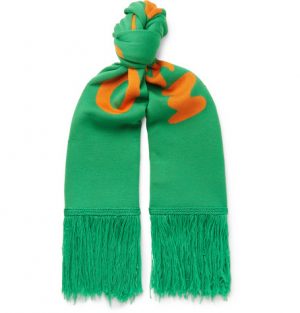 Off-White - Fringed Logo-Intarsia Wool Scarf - Green Off-White - Fringed Logo-Intarsia Wool Scarf - Green