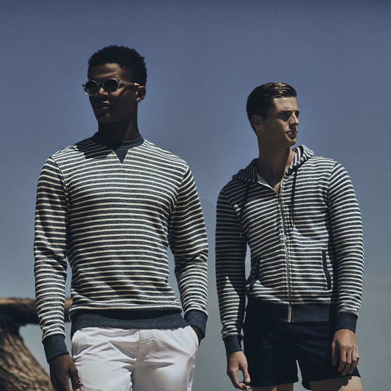 Sporting striped fashions, O'Shea Robertson and Edward Wilding wear Orlebar Brown.