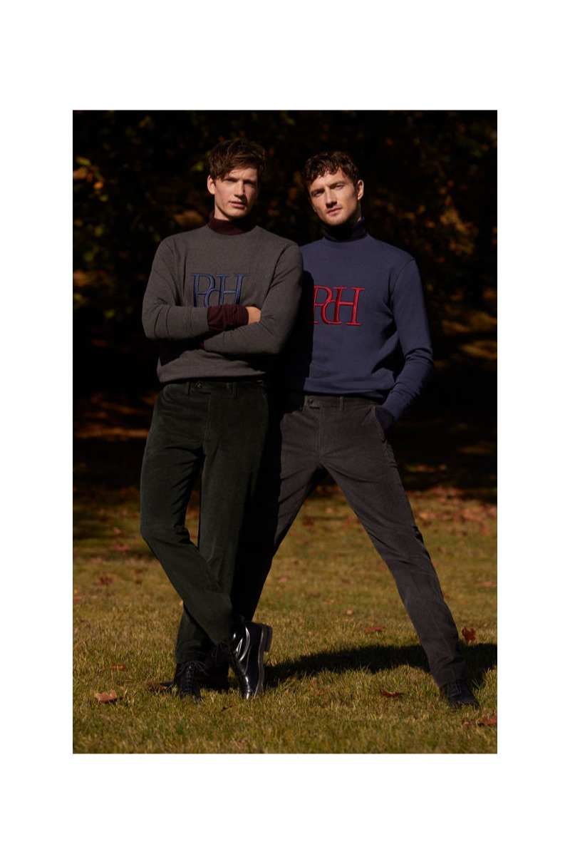 Venturing outdoors, Florian Van Bael and Jacob Coupe don pullovers from Pedro del Hierro.