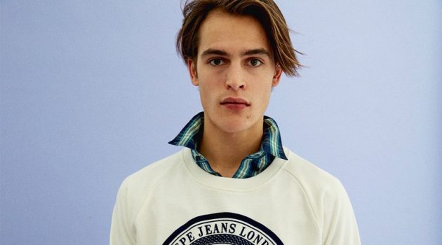Parker van Noord Models Early Spring Looks by Pepe Jeans Model Parker van Noord sports a Pepe Jeans pullover with a button-down and jeans.