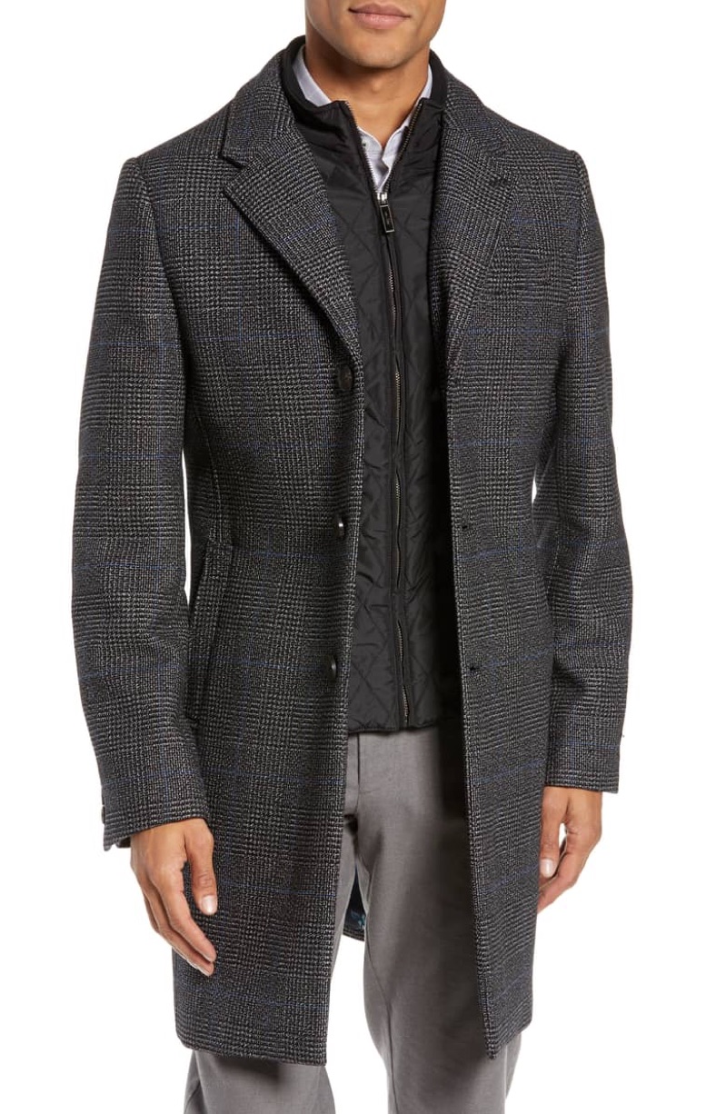 Ted Baker London Plaid Stretch Wool Cotton Overcoat