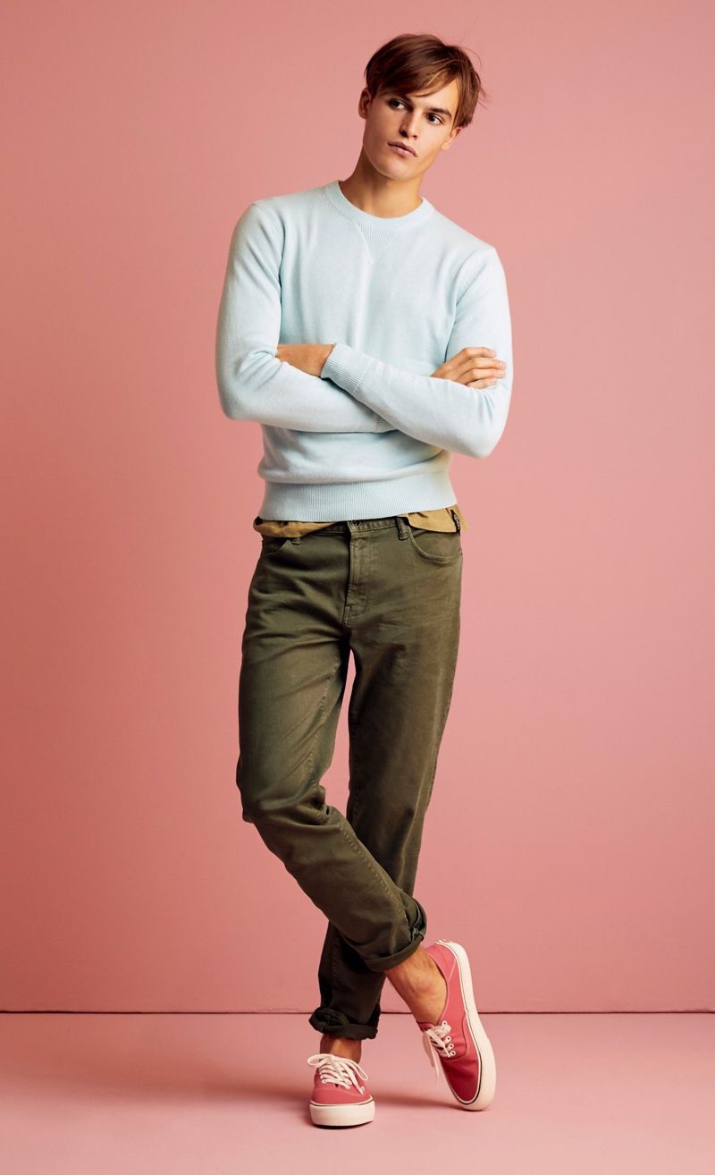 Parker van Noord sports a Todd Snyder aqua cashmere sweater with 5-pocket garment-dyed pants.