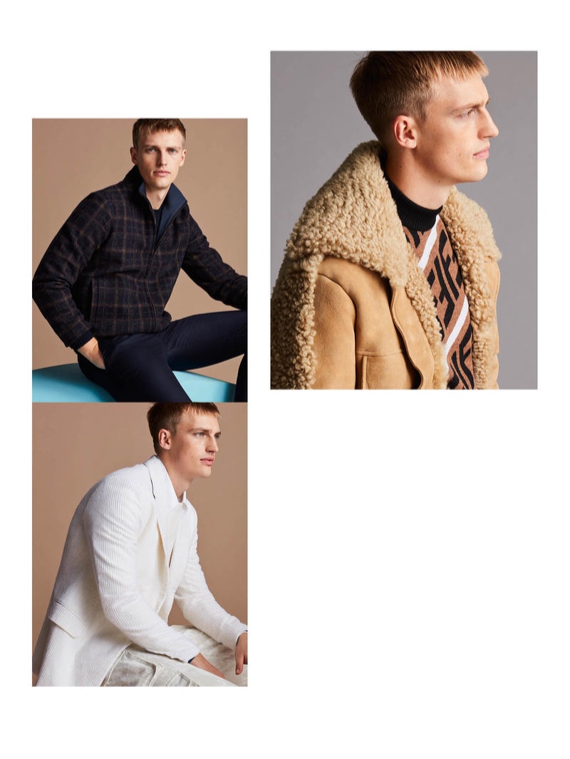 Clockwise from top left: LORO PIANA jacket £2,115, sweater £1,060 and trousers £570; FENDI coat £5,900 and sweater £550; ERMENEGILDO ZEGNA jacket £2,490, sweater £860, shirt £550 and trousers £1,340