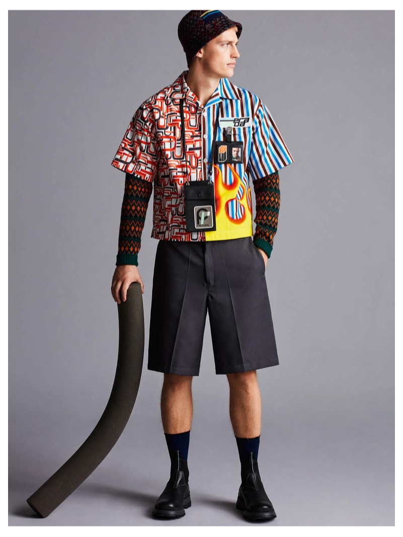 PRADA shirt £790, sweater £675, shorts £605, hat £225, card holder £165, smartphone case £350, socks £110 and shoes £550