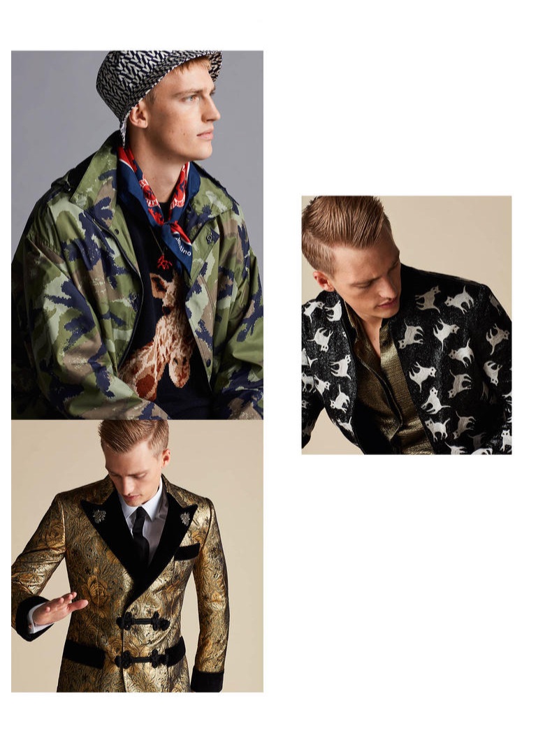 From top to left: VALENTINO jacket £1,250, sweater £750, hat £300, neckerchief £200 and necklace from a selection; SAINT LAURENT jacket £8,665 and shirt £685; DOLCE & GABBANA jacket £2,650, shirt £265, trousers £725 and tie £175