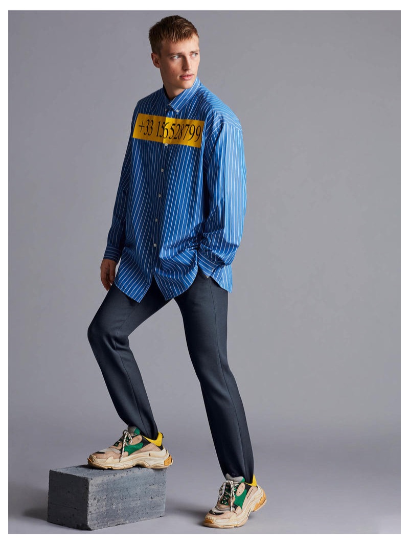 BALENCIAGA shirt £745, trousers £845 and sneakers £645