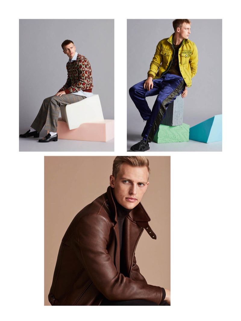 Clockwise from top left: GUCCI sweater £2,930, shirt £465, trousers £785, socks £110 and shoes from a selection; BOTTEGA VENETA jacket £865, sweater £775 and trousers £685; Z ZEGNA shoes £385; BRIONI jacket £5,900, sweater £900 and trousers, part of a suit £5,100