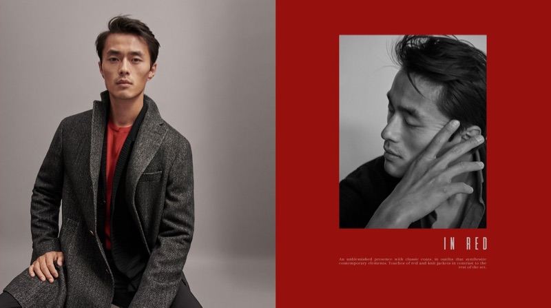 A sharp vision, Zhao Lei dons a herringbone coat with a blazer and red top for Massimo Dutti.