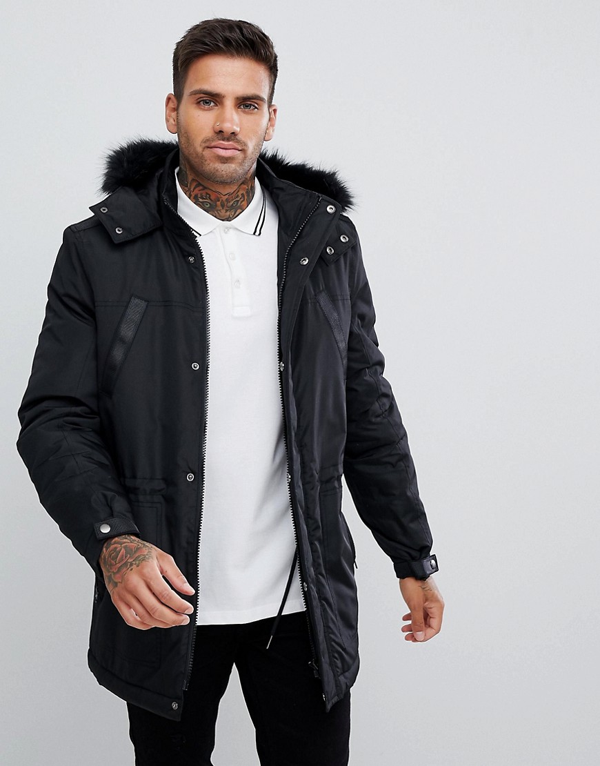 ASOS DESIGN parka jacket with faux fur trim in black – Black | The ...