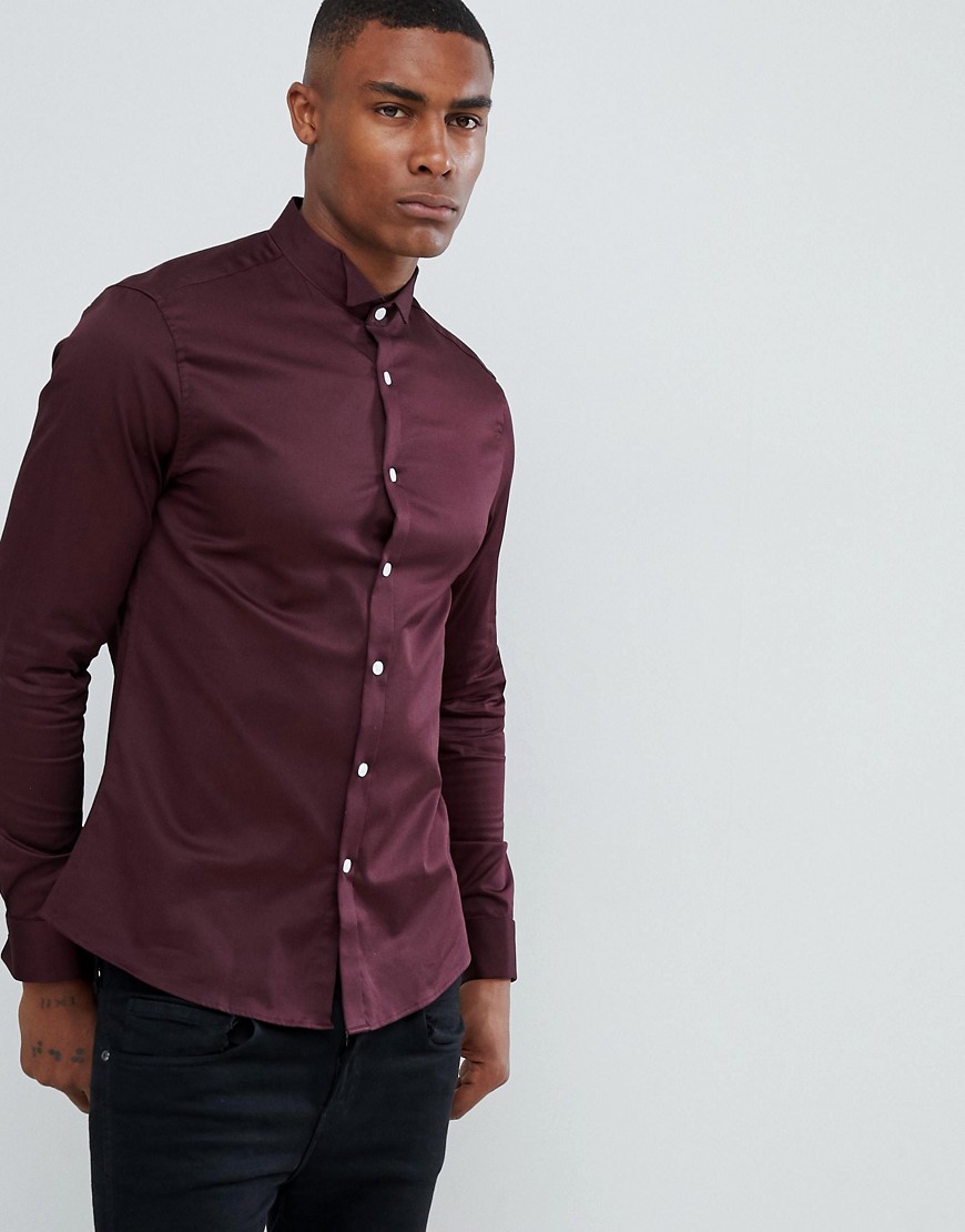 ASOS DESIGN slim sateen shirt in burgundy with wing collar and double ...
