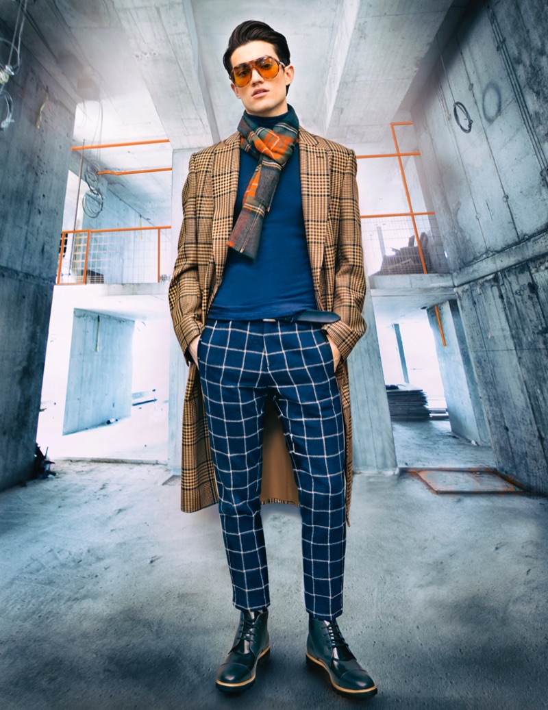 Brad wears coat Dries Van Noten, glasses Tom Ford @ Eyes on Church, boots Moyler, scarf and belt LE 31, pants and sweater Mayer Man.