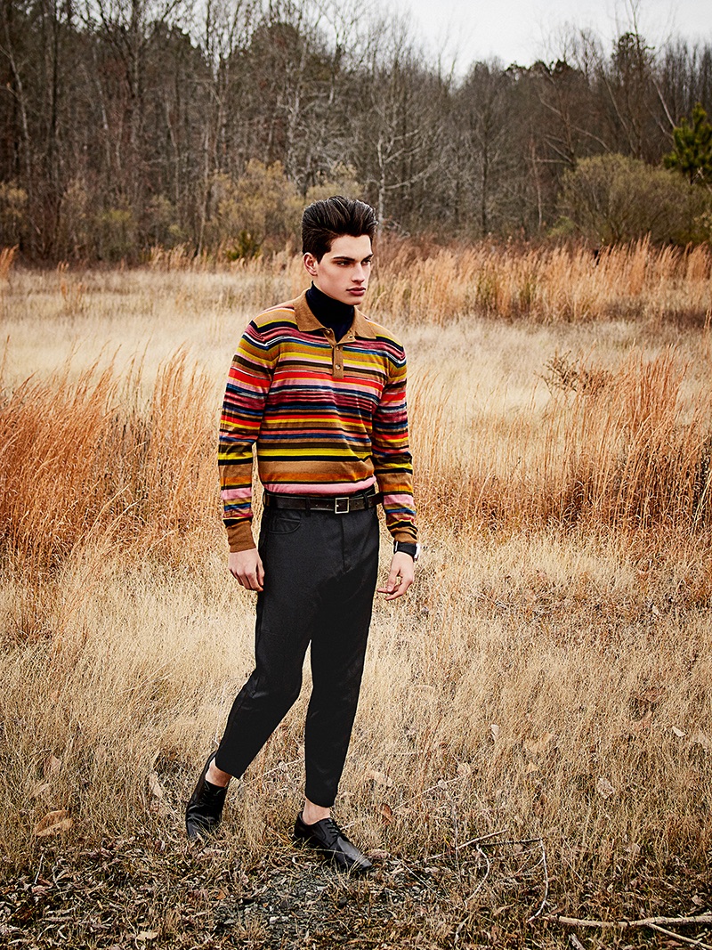 Cameron wears sweater Missoni, turtleneck Eleventy, trousers McQ, watch Bell & Ross, belt H&M, and shoes George. 