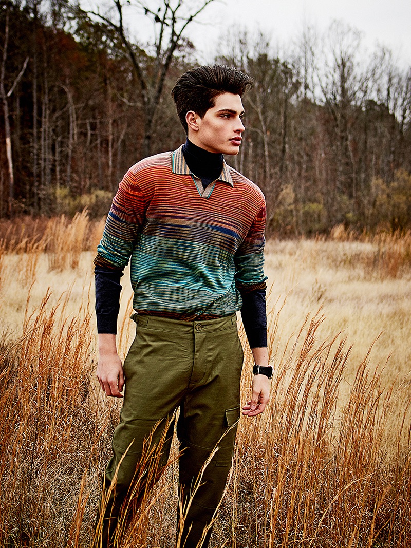 Cameron wears sweater Missoni, turtleneck Eleventy, trousers Baldwin, and watch Bell & Ross.