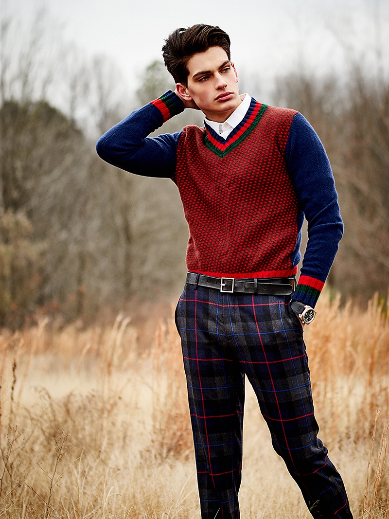 Cameron wears sweater Etro, shirt Paul Smith, trousers Etro, watch Bell & Ross, and belt H&M.