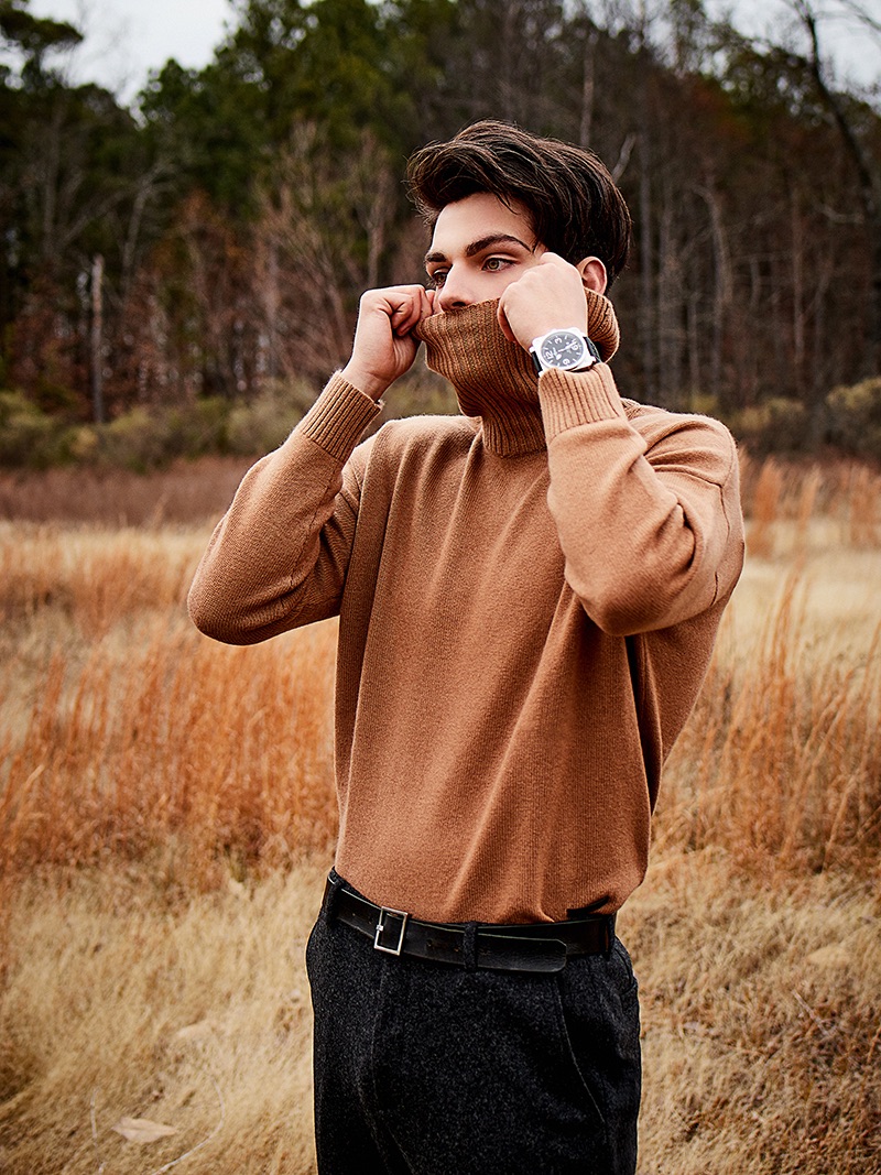 Cameron wears sweater The Kooples, trousers John Varvatos, watch Bell & Ross, and belt H&M.