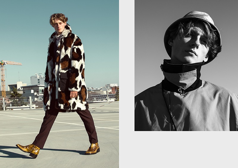 Pictured left, Elias makes a bold statement in an animal print coat. Right: Elias goes sporty in a bucket hat and jacket by Kenzo.