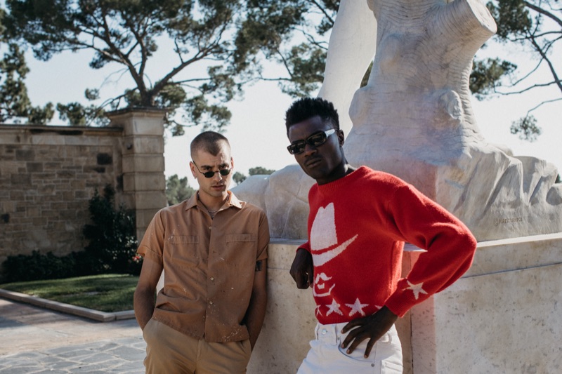 Left: Blake wears trousers Gucci and vintage painter shirt c/o of Pastime Paradise. Right: Remi wears sunglasses Gucci, jeans Helmut Lang, and vintage sweater Simon Miller c/o Pastime Paradise.