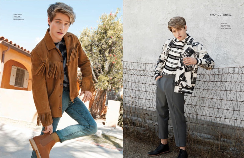 Left: Embracing western style, Froy Gutierrez wears a Topman jacket and jeans with a HUF t-shirt. Right: Gutierrez dons a HUF jacket with an AllSaints shirt and pants with Timberland shoes.