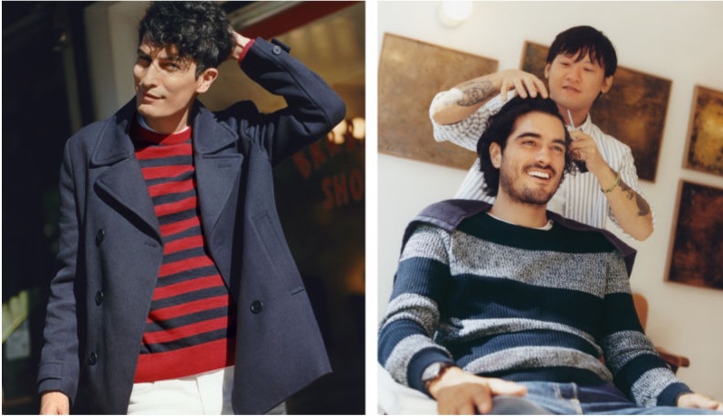 Moein Asgharnejad and Victor Bill model striped fashions from H&M.