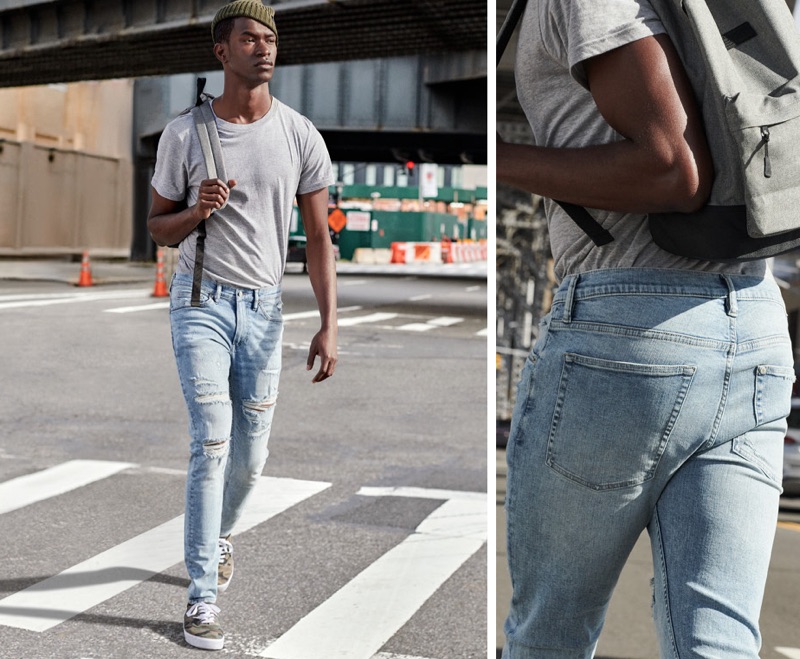 Salomon Diaz dons a grey t-shirt with light wash super skinny jeans by H&M.