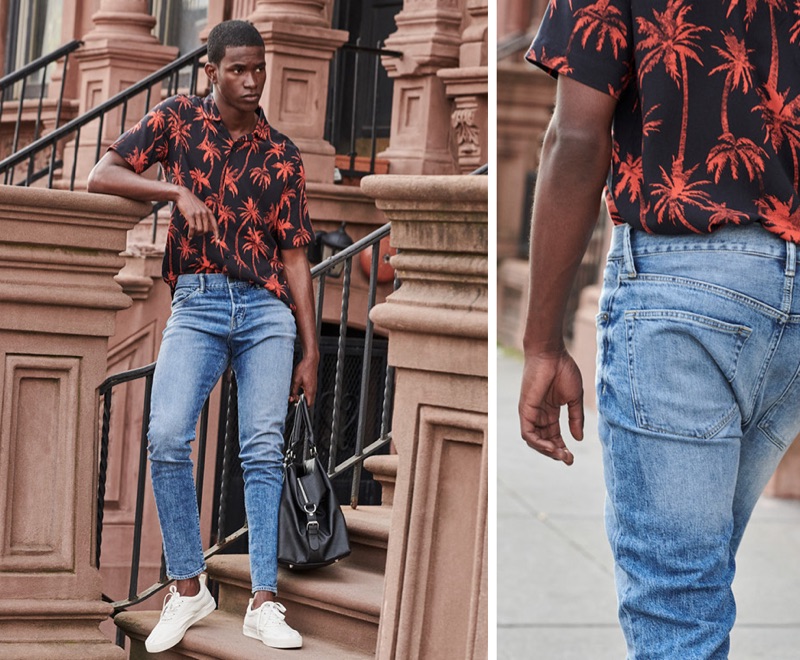 Sporting a palm tree print shirt, Salomon Diaz rocks skinny carrot jeans.