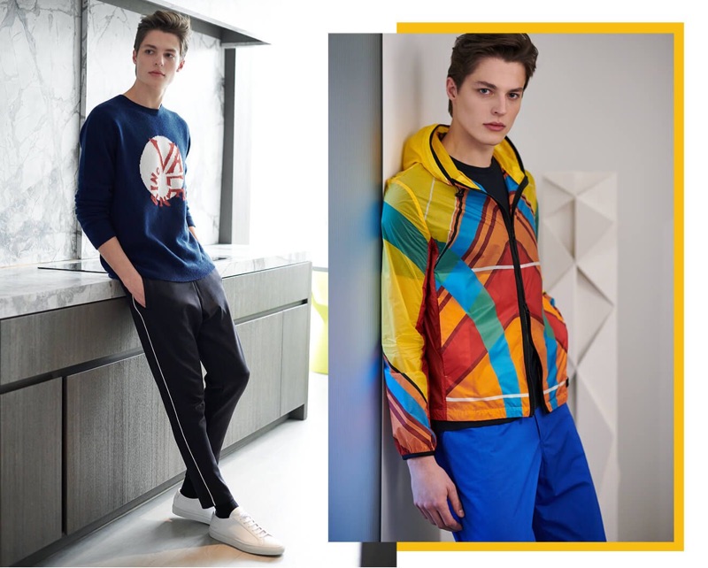 Pictured left, Brodie Scott wears a Valentino sweater and track pants with Common Projects sneakers. Right: Making a colorful statement, Brodie models a 5 Moncler x Craig Green nylon jacket and jogger pants.