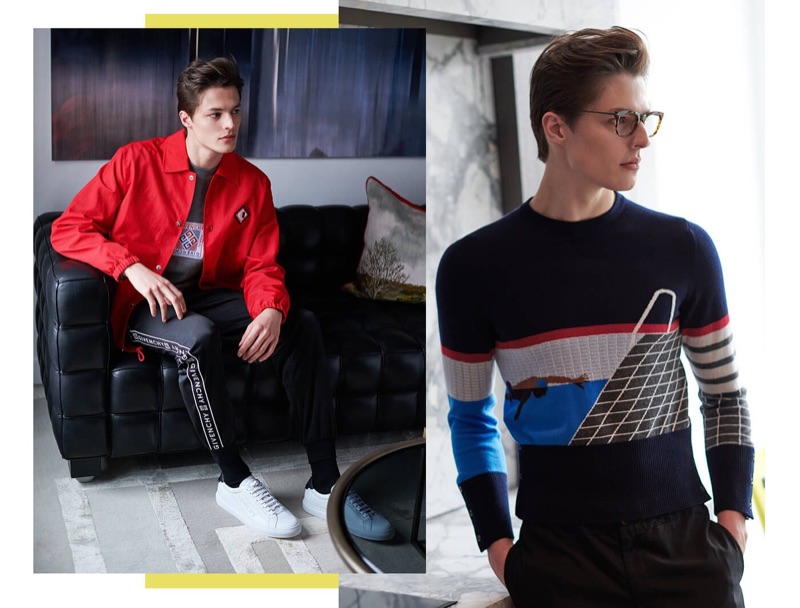 Left: Brodie Scott wears a Givenchy windbreaker, sweatshirt, sweatpants, and sneakers. Right: Brodie sports a cashmere intarsia sweater by Thom Browne.