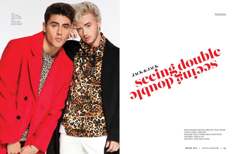 Left: Jack G. wears coat Topman, t-shirt AllSaints, and pants Jay Stephan. Right: Jack J. wears coat AllSaints, sweater OrenKash, and pants Jay Stephan. 