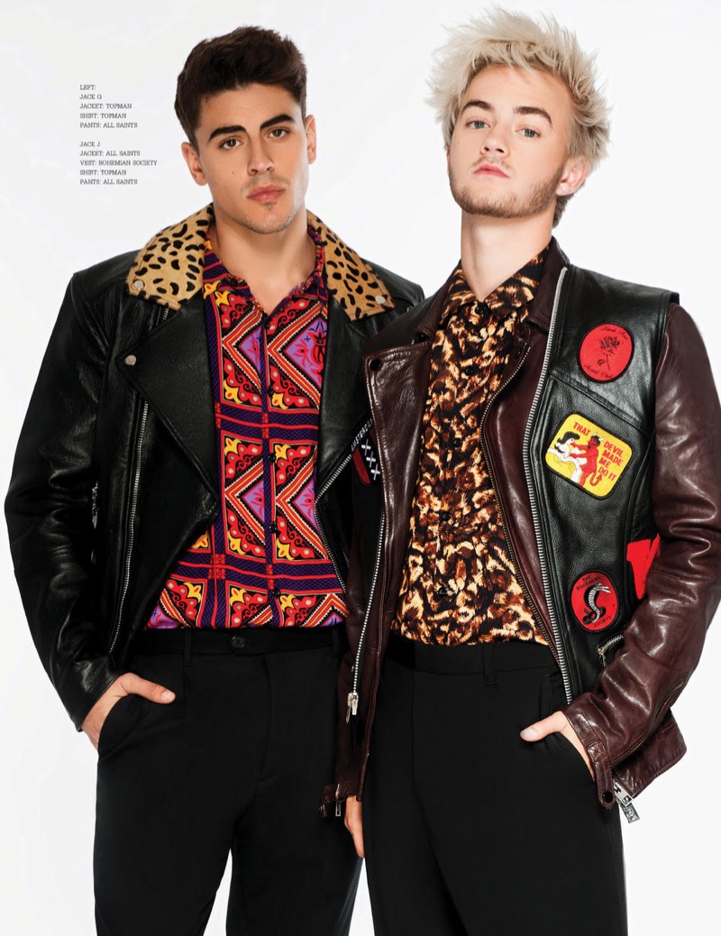 Pictured left, Jack G. wears a Topman shirt and jacket with AllSaints pants. Meanwhile, Jack J. sports an AllSaints jacket and pants with a Bohemian Society vest and Topman shirt.