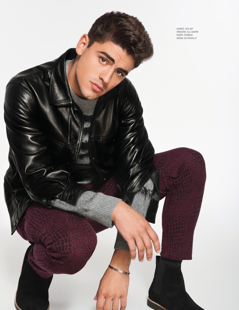 Taking to the studio, Jack G. wears a LTH JKT jacket, AllSaints sweater, Topman pants, and Dr. Scholl's shoes. 