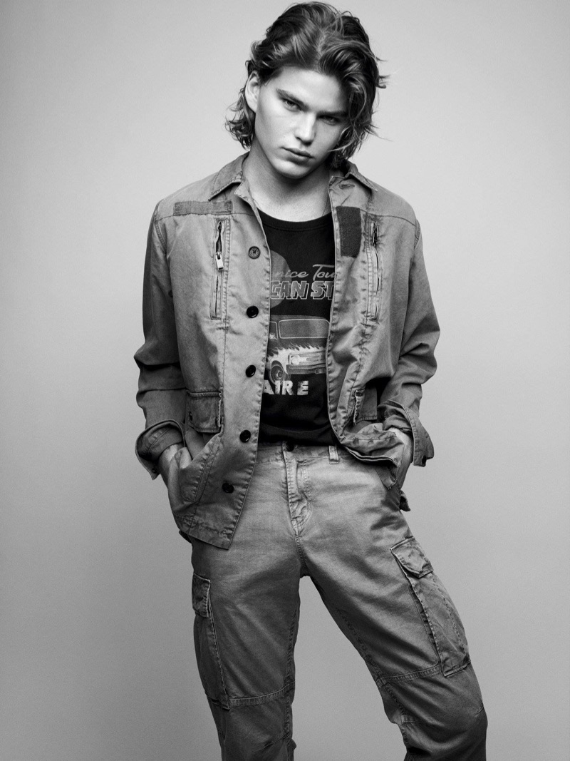 Doubling down on denim, Jordan Barrett wears fashions from Zadig & Voltaire.