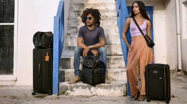 Singer Lenny Kravitz joins his daughter Zoe for TUMI's A3 Collection campaign.