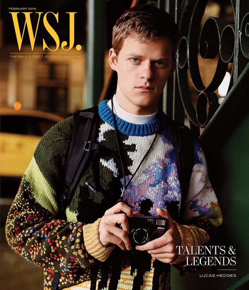 Lucas Hedges dons a Louis Vuitton sweater for the February 2019 cover of WSJ. magazine.