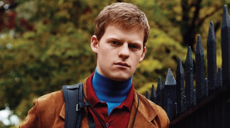 Actor Lucas Hedges dons a turtleneck, polo, and jacket by Prada.