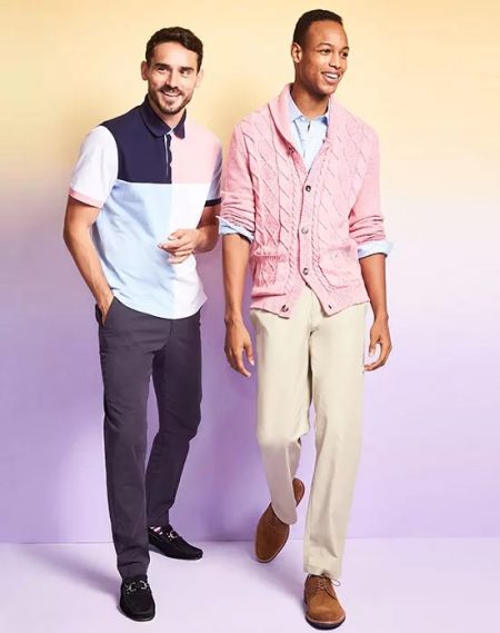 Left: All smiles, Arthur Kulkov wears a Club Room color blocked polo shirt. Right: Conrad Bromfield rocks a Club Room cable-knit shawl-collar cardigan.