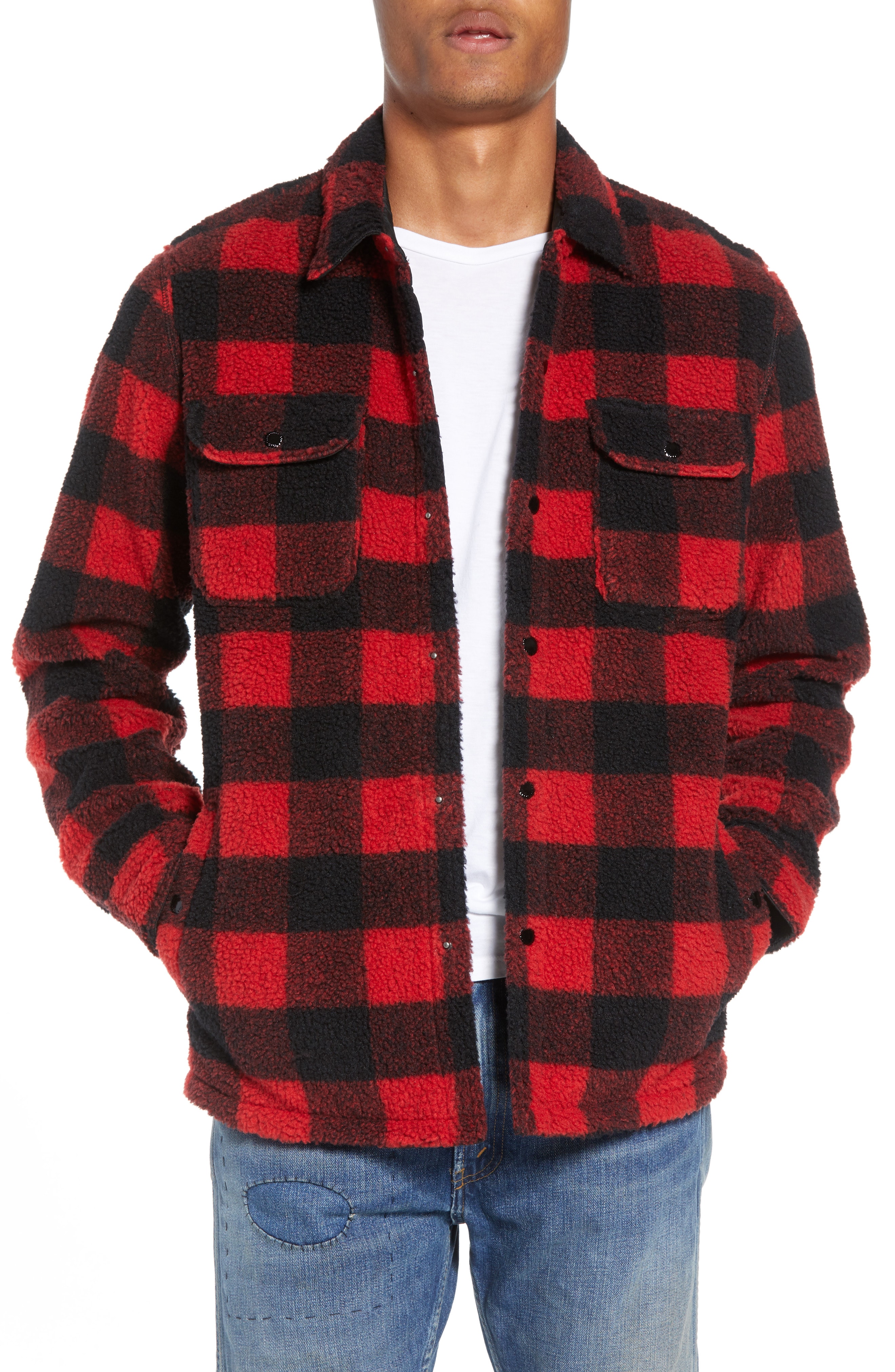 Men’s Levi’s Plaid Faux Shearling Shirt, Size Large – Red | The Fashionisto