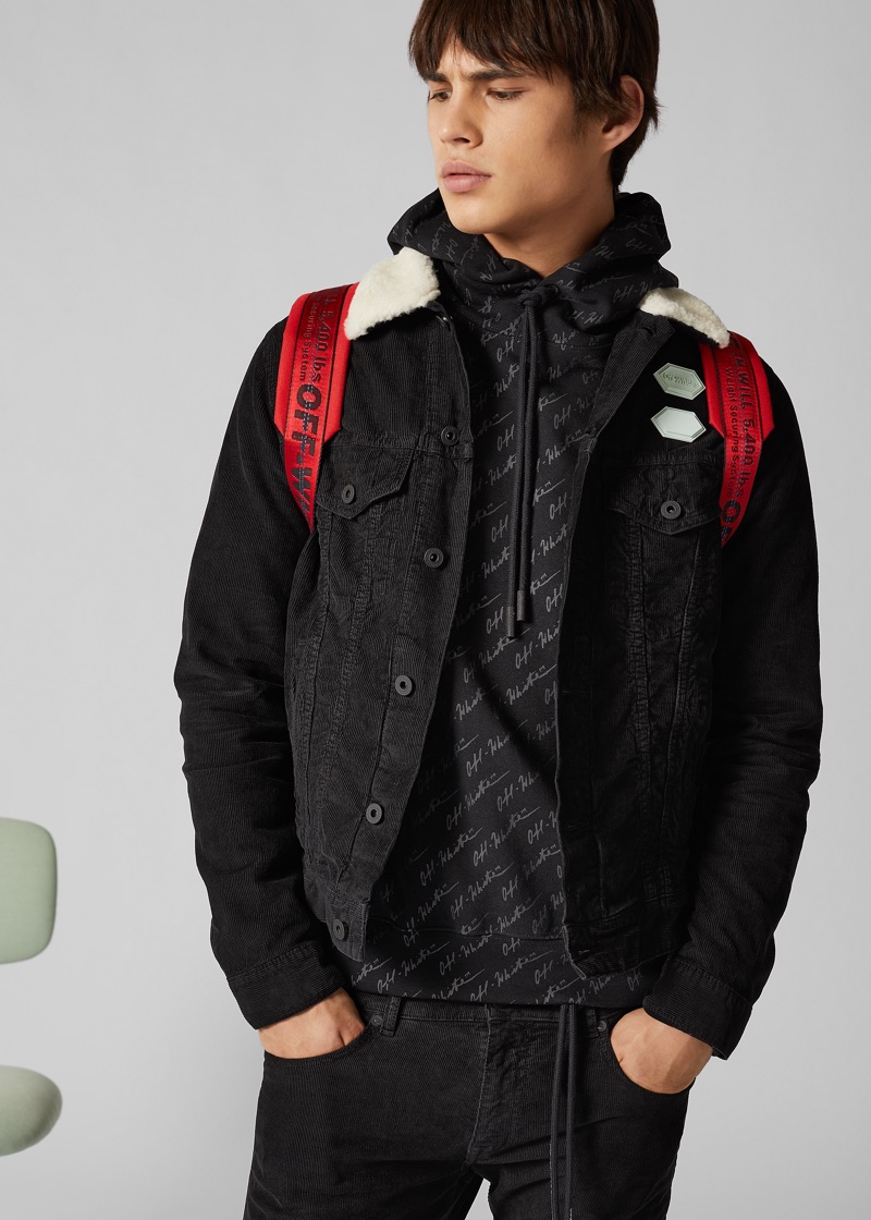 Louis Baines sports an Off-White corduroy jacket, logo hoodie, and canvas backpack. » Shop Mr Porter's Exclusive Off-White Capsule Louis Baines sports an Off-White corduroy jacket, logo hoodie, and canvas backpack.