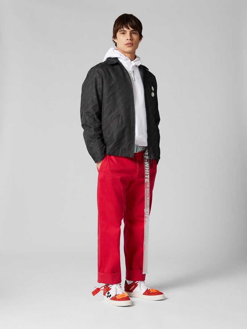 Model Louis Baines rocks an Off-White logo jacket, red wide-leg pants, hoodie, PVC belt, and high-top sneakers. » Shop Mr Porter's Exclusive Off-White Capsule Model Louis Baines rocks an Off-White logo jacket, red wide-leg pants, hoodie, PVC belt, and high-top sneakers.