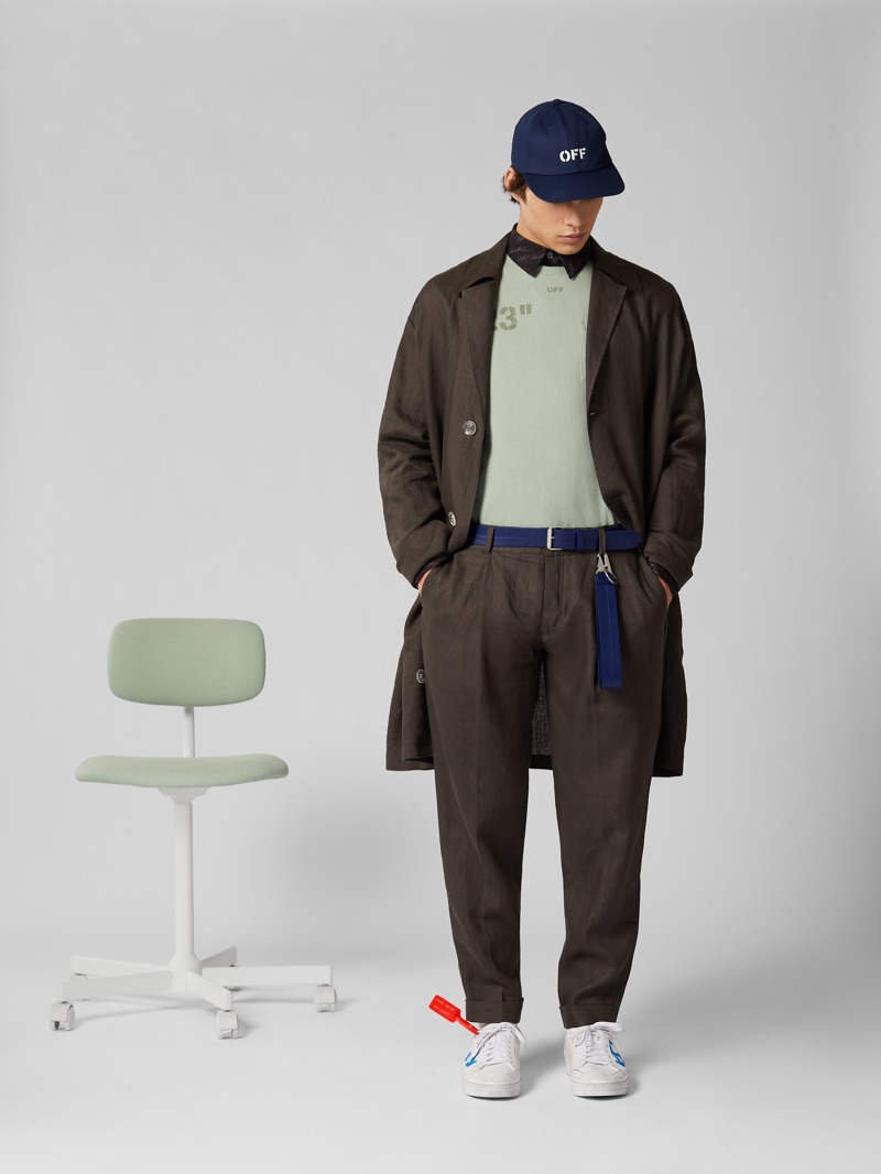 Donning brown, Louis Baines wears an Off-White oversized trench coat and linen trousers. He also sports an Off-White baseball cap, leather belt, sneakers, and t-shirt. » Shop Mr Porter's Exclusive Off-White Capsule Donning brown, Louis Baines wears an Off-White oversized trench coat and linen trousers. He also sports an Off-White baseball cap, leather belt, sneakers, and t-shirt.