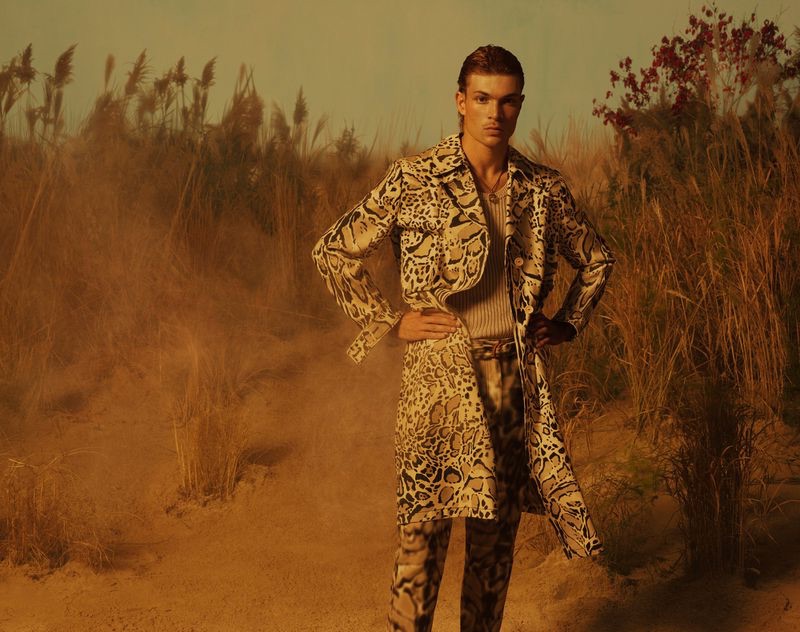 Luka Isaac sports a leopard print outfit for Roberto Cavalli's spring-summer 2019 campaign.