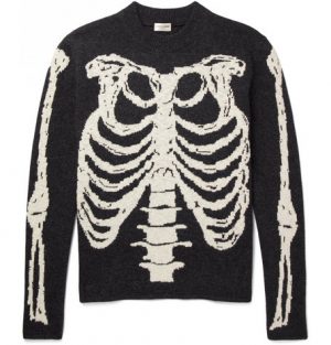 Saint Laurent - Skeleton-Intarsia Wool Sweater - Men - Gray Saint Laurent - Skeleton-Intarsia Wool Sweater - Men - Gray
