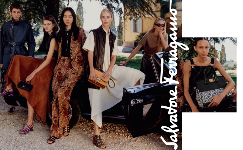 Henry Kitcher, Cara Taylor, Fei Fei Sun, Carolyn Murphy, Georgina Grenville, and Binx Walton star in Salvatore Ferragamo's spring-summer 2019 campaign.