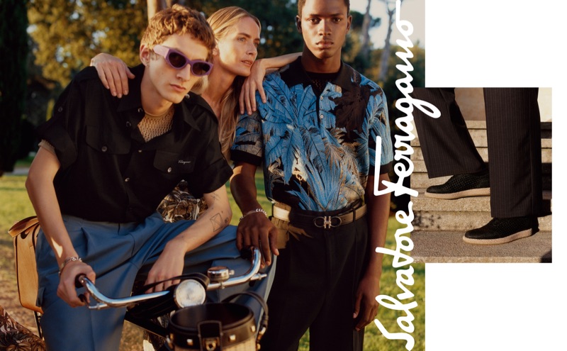 Models Henry Kitcher, Georgina Grenville, and Daniel Morel front Salvatore Ferragamo's spring-summer 2019 campaign.