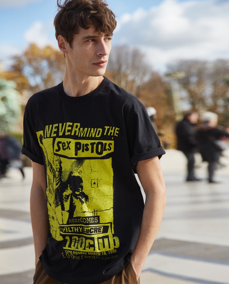 Rocking a Sex Pistols t-shirt, Adrien Sahores connects with The Kooples for spring.