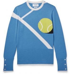 Thom Browne - Tennis Ball-Intarsia Cashmere Sweater - Men - Blue Thom Browne - Tennis Ball-Intarsia Cashmere Sweater - Men - Blue