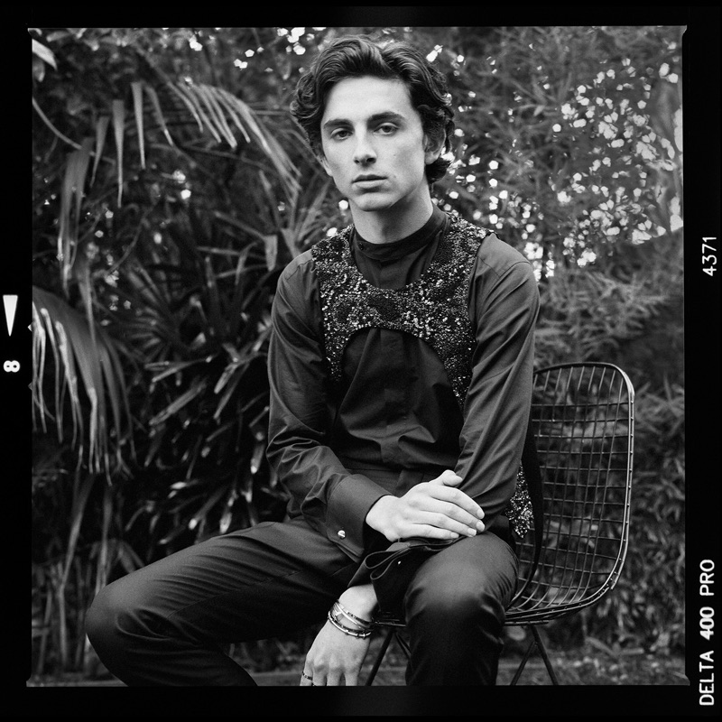 Appearing in a black and white photo, Timothée Chalamet dons his 2019 Golden Globes look.