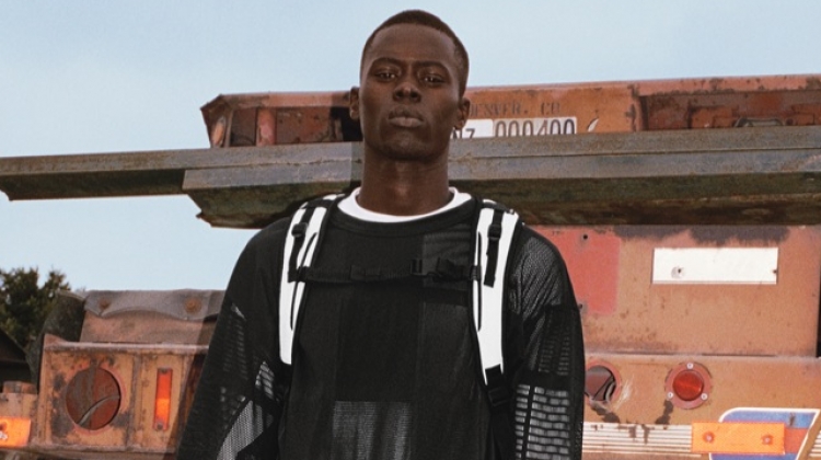 Alpha Dia models a black and white outfit for Y-3's spring-summer 2019 campaign.