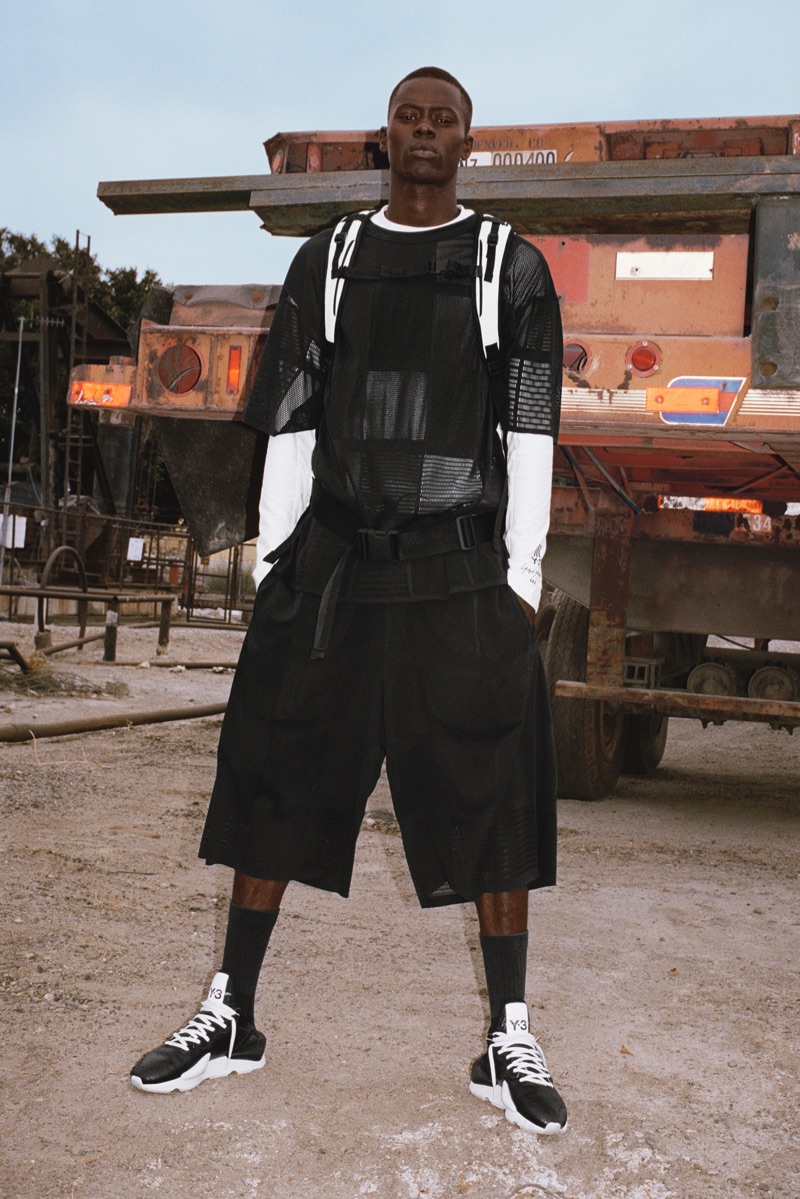 Alpha Dia models a black and white outfit for Y-3's spring-summer 2019 campaign.