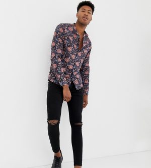 ASOS DESIGN Tall regular fit floral shirt in blue with grandad collar - Navy ASOS DESIGN Tall regular fit floral shirt in blue with grandad collar - Navy